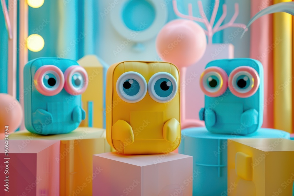 Obraz premium Colorful creatures with big eyes in a whimsical setting of pastel shapes and textures