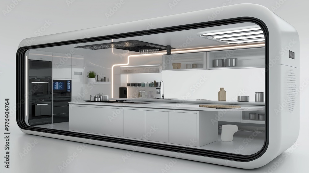 D Render of a futuristic kitchen using generative AI, isolated on a white background with cutting-edge appliances and creative storage ideas D Render of a futuristic kitchen using generative AI, isolated on a white background with cutting-edge appliances and creative storage ideas
