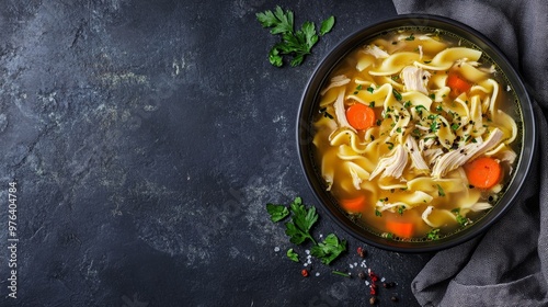 A bowl of comforting chicken noodle soup, with tender chicken, noodles, and vegetables, on the right side. The left side is left clear for text. Perfect for cozy recipes, menus, and food content.