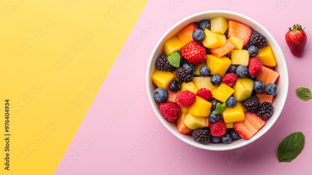 A vibrant bowl of colorful fruit salad featuring a mix of fresh fruits on the right side. The left side is clear for text. Ideal for health, recipe, and food content. A vibrant bowl of colorful fruit salad featuring a mix of fresh fruits on the right side. The left side is clear for text. Ideal for health, recipe, and food content.