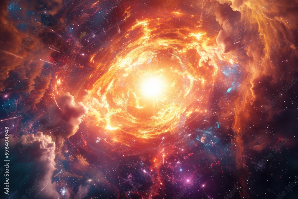 Radiant light beams dance through a celestial expanse in vibrant cosmic colors Radiant light beams dance through a celestial expanse in vibrant cosmic colors