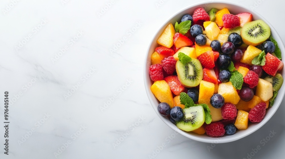 A vibrant bowl of colorful fruit salad featuring a mix of fresh fruits on the right side. The left side is clear for text. Ideal for health, recipe, and food content. A vibrant bowl of colorful fruit salad featuring a mix of fresh fruits on the right side. The left side is clear for text. Ideal for health, recipe, and food content.