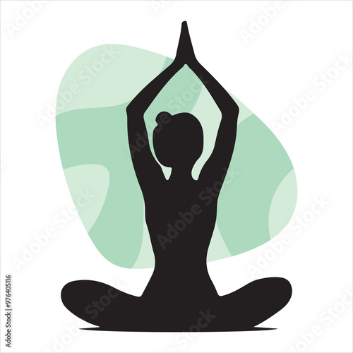 Black silhouettes of woman in different yoga poses, isolated on white background. Women practice meditation and stretching. Yoga complex. Healthy lifestyle concept. Vector illustration