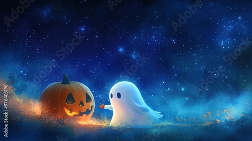 A Ghost and a Jack-o'-Lantern Under a Starry Sky