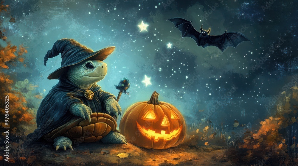 Fototapeta premium A Turtle Wizard, a Jack-o'-Lantern, and a Bat Fly Under a Starry Night