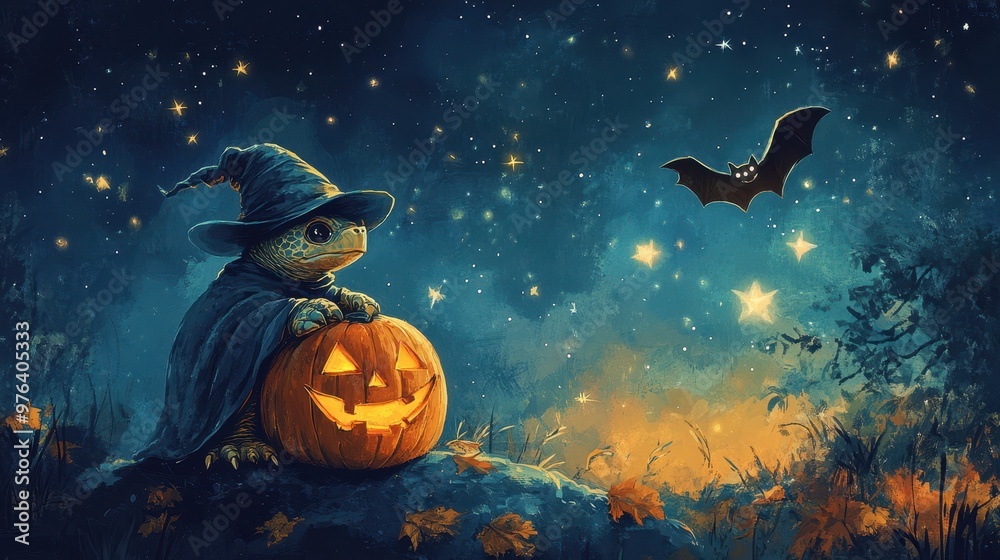 A Turtle Wearing A Witch's Hat Holds A Jack-O-Lantern Under A Starry Night Sky A Turtle Wearing A Witch's Hat Holds A Jack-O-Lantern Under A Starry Night Sky