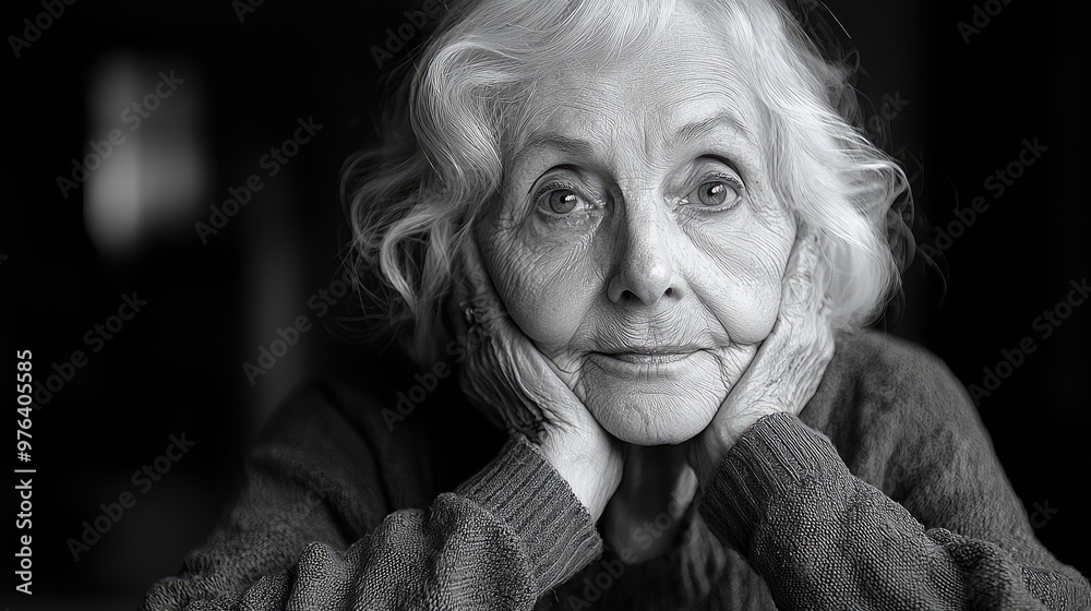 Close-up black and white portrait of an old woman at the table in the home. Close-up black and white portrait of an old woman at the table in the home.