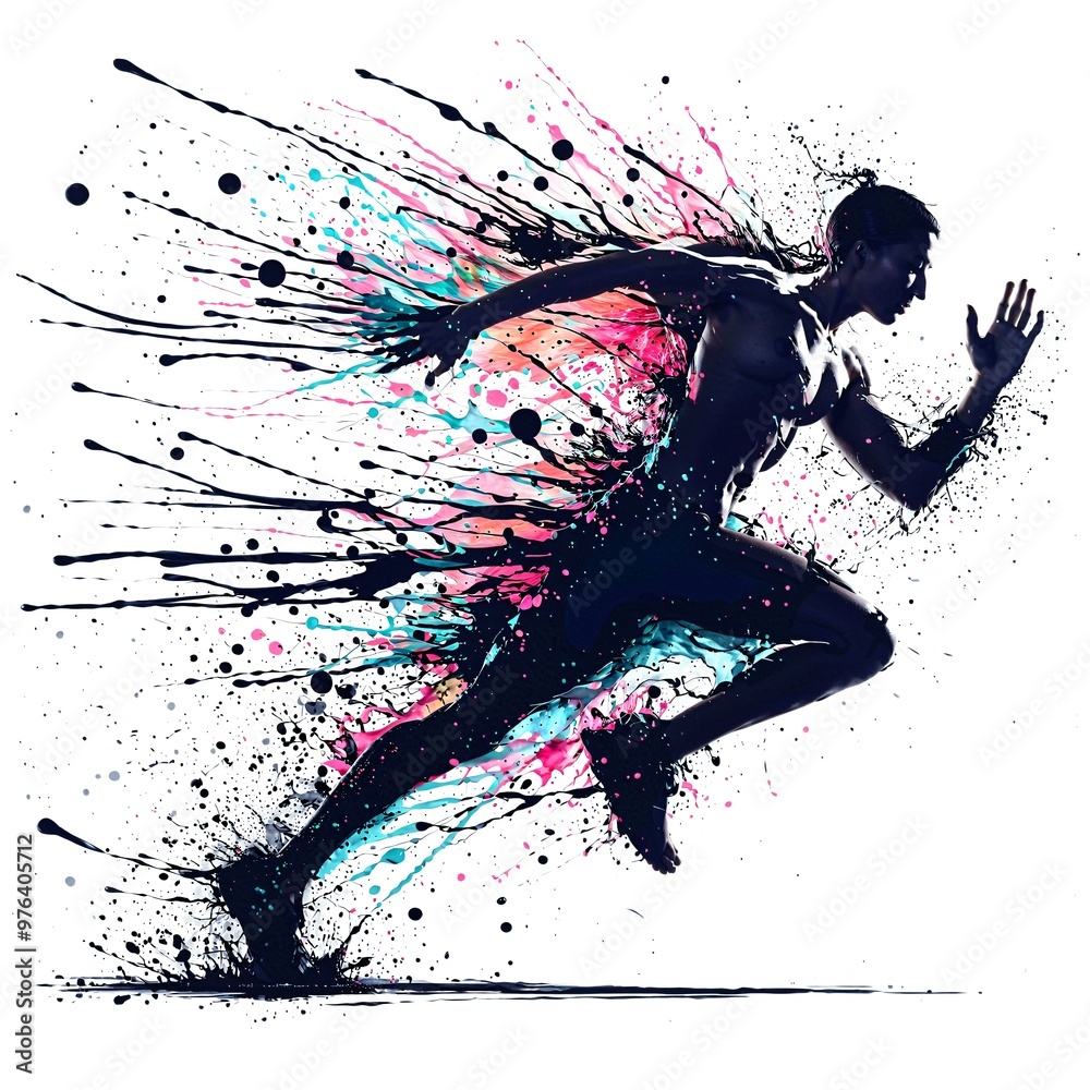 Photo of a runner running in a colorful abstract painting Photo of a runner running in a colorful abstract painting