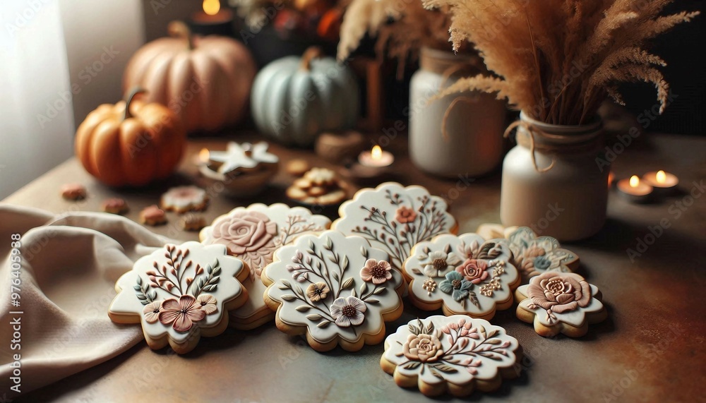 A warm, autumn-themed still life featuring decorated cookies, pumpkins, and dried plants.
A warm, autumn-themed still life featuring decorated cookies, pumpkins, and dried plants.