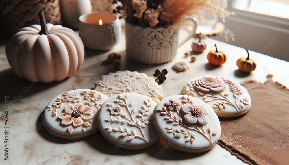 A cozy autumnal setting with decorated cookies, a lit candle, and seasonal decorations on a windowsill.
A cozy autumnal setting with decorated cookies, a lit candle, and seasonal decorations on a windowsill.