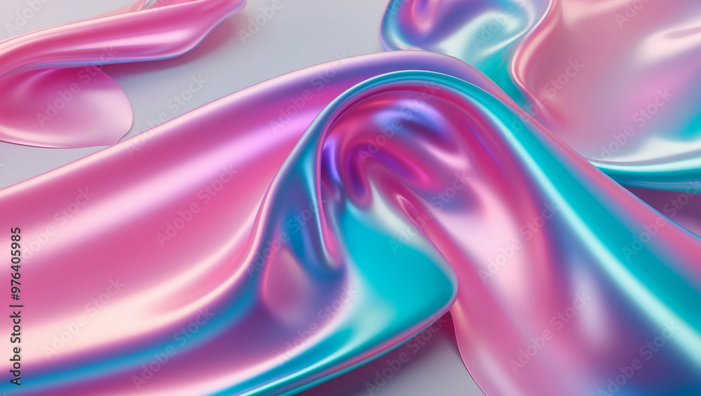 A captivating display of flowing, iridescent ribbons in shades of pink, blue, and purple, creating a smooth, wave-like pattern with a dreamy, reflective surface.