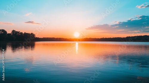 A serene sunset over a calm lake on the right side, leaving space on the left for text. Perfect for nature, travel, and inspirational themes.