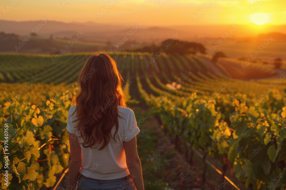 Strolling through the vineyard as the sun sets over rolling hills Strolling through the vineyard as the sun sets over rolling hills