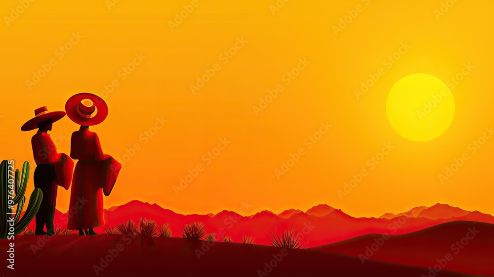 Fototapeta premium Silhouetted couple against a vibrant sunset in a desert landscape, embodying romance and tranquility in a striking color palette.