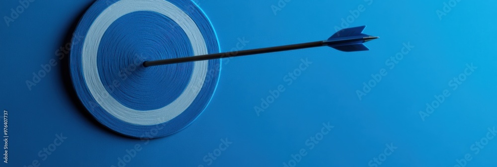 A single arrow is shown striking the center of a blue target, symbolizing precision, accuracy, achievement, and focus in hitting designated goals or objectives. A single arrow is shown striking the center of a blue target, symbolizing precision, accuracy, achievement, and focus in hitting designated goals or objectives.