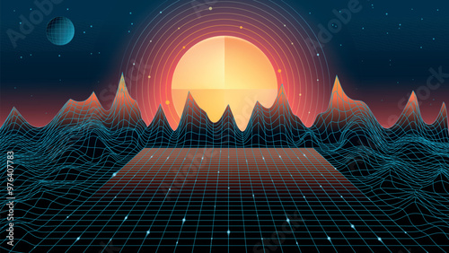 Vector. Abstract wireframe grid relief landscape. Bright orange Sun rising over mountains. Moon and abstract 3d planets. 80s style.