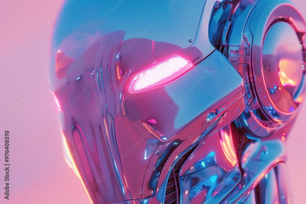 Futuristic cybernetic head design against a metal backdrop in a vibrant neon environment Futuristic cybernetic head design against a metal backdrop in a vibrant neon environment