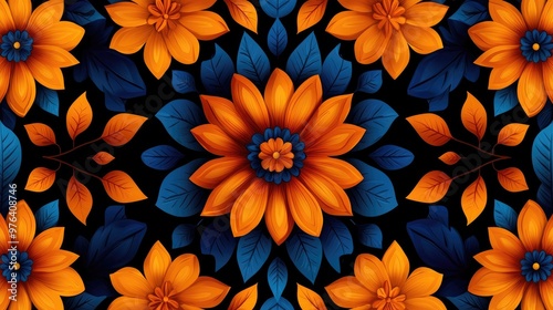 Vibrant floral pattern featuring orange flowers and blue leaves against a dark background, perfect for textiles and decor.