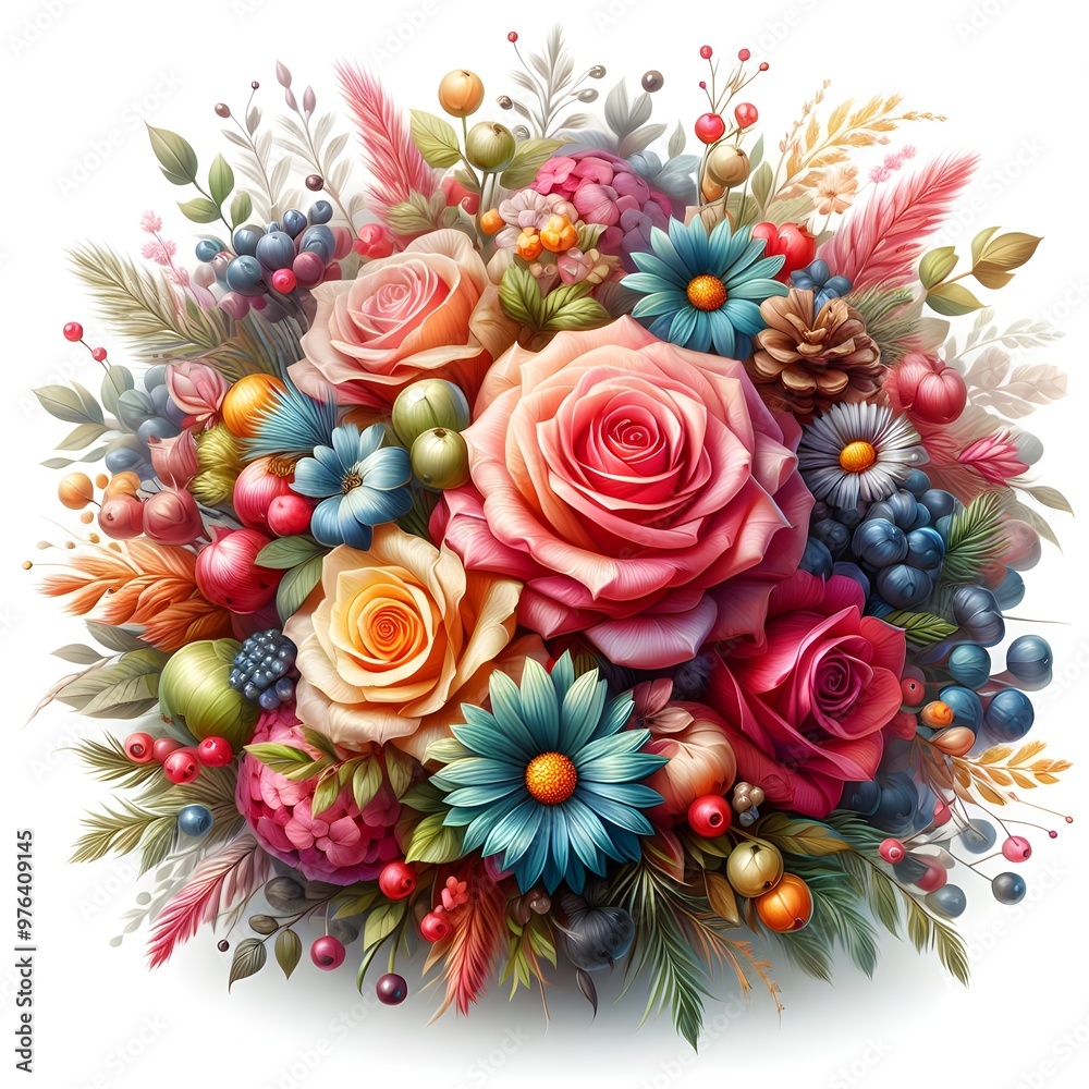 Naklejka premium A beautiful bouquet of intricately designed flowers surrounds a luxurious, ornate Easter egg. The composition radiates with colors and intricate details, symbolizing the joy of spring and Easter celeb