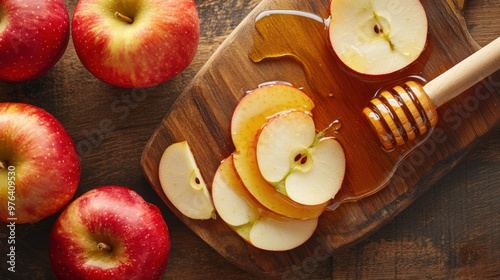 Overhead shot of freshly sliced apples dipped in honey on a wooden cutting board