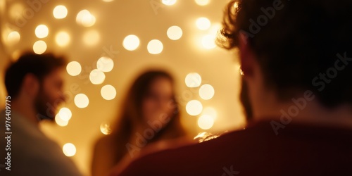 An inviting scene of a group of individuals enjoying their time socializing in a softly lit environment. The warm lights and close-knit atmosphere emphasize friendship and happiness. photo