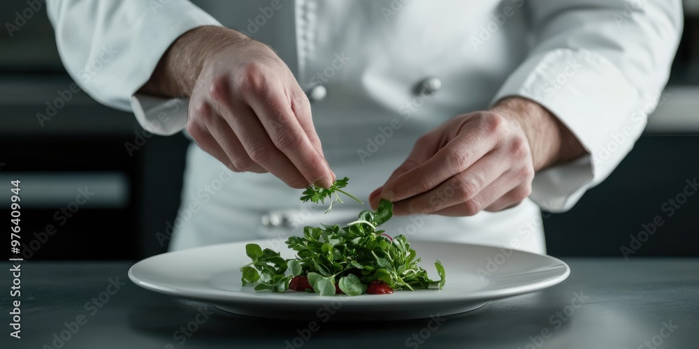 A chef meticulously adding garnish to a plated dish in a professional kitchen, showcasing culinary skills and attention to detail in food presentation. A chef meticulously adding garnish to a plated dish in a professional kitchen, showcasing culinary skills and attention to detail in food presentation.