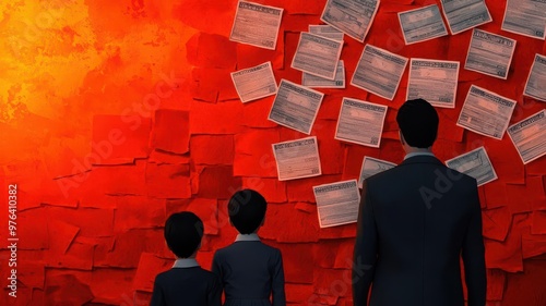 A family looking at a wall of bills blocking their path, symbolizing the risk of household debt becoming an insurmountable obstacle, financial barrier, debt wall photo