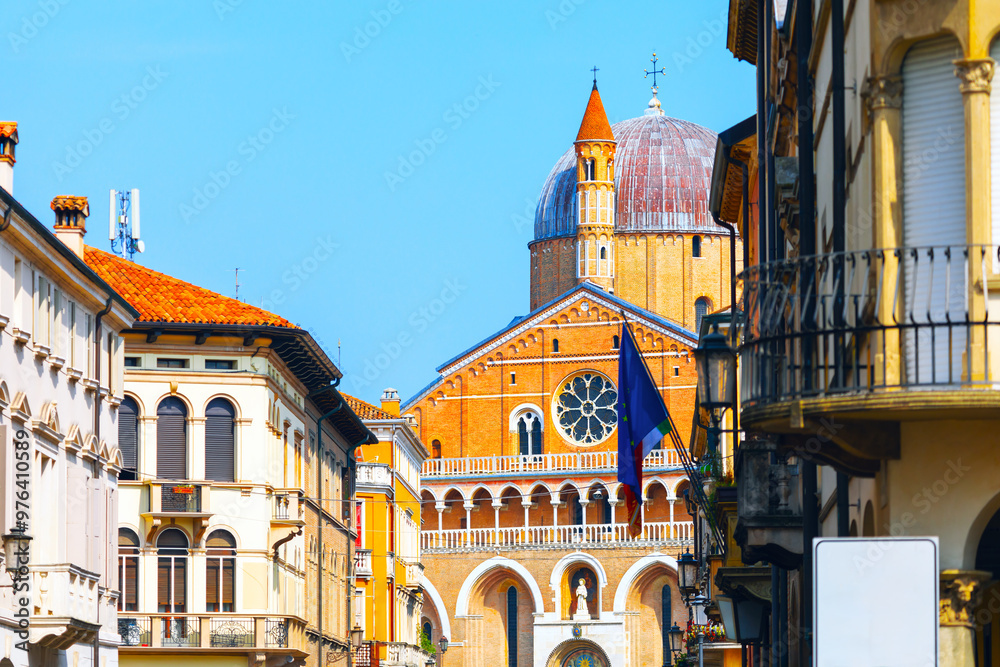 Basilica of Saint Anthony of Padua, Italy. Picturesque street scene featuring a cathedral in the background, surrounded by charming buildings