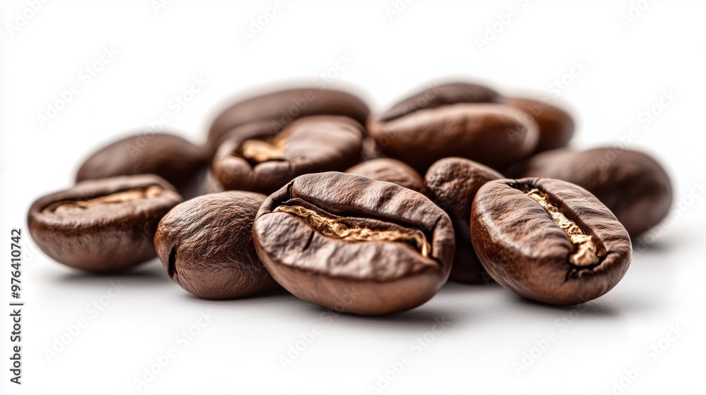 Coffee beans arranged on a white background, showcasing rich, dark textures. AI generated Coffee beans arranged on a white background, showcasing rich, dark textures. AI generated