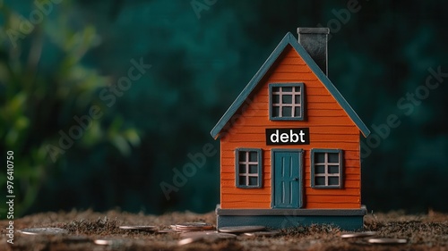 A house with a dark shadow labeled "debt" looming over it, symbolizing the risk of household financial instability, financial fear, debt shadow