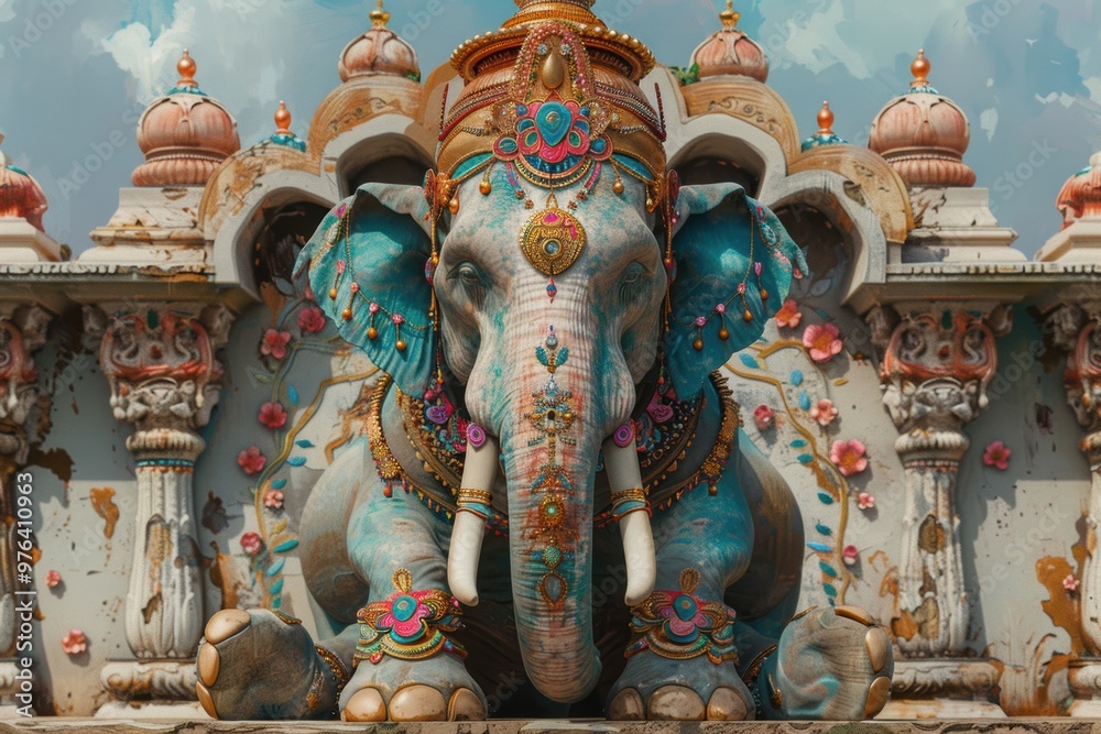 Fototapeta premium Majestic elephants and graceful horses gather in a vibrant palace setting during sunset