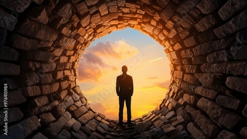 A person standing at the bottom of a well filled with debt, looking up at a distant light, representing the risk of being trapped by household debt, financial despair, debt pit