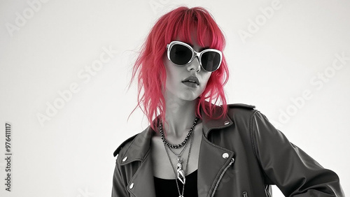 Photo of a rocker punk girl wearing sunglasses, widescreen 16:9, 300 dpi, with free space for text