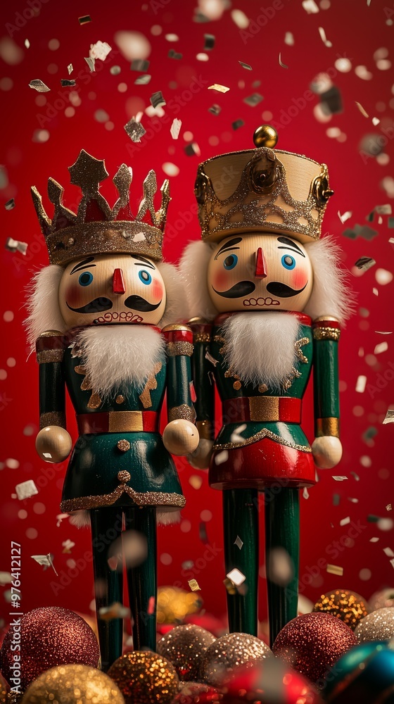 Phone wallpaper, two wooden nutcracker dolls with flying red gold and green metallic confetti, Christmas theme, red, green, and white colors Phone wallpaper, two wooden nutcracker dolls with flying red gold and green metallic confetti, Christmas theme, red, green, and white colors