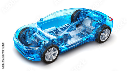 3D cutaway car model shows visible engine, internal structure, and components. AI generated
