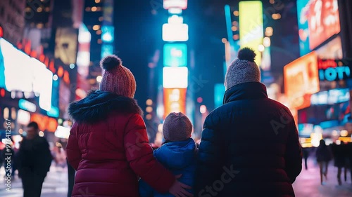 Family crossing street in New York's Time Square