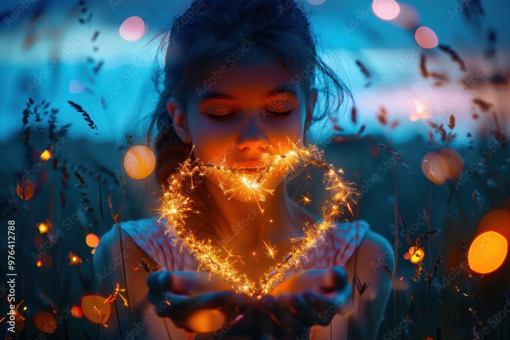 Creating glowing heart shapes with sparklers in a serene twilight field Creating glowing heart shapes with sparklers in a serene twilight field