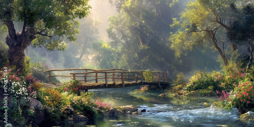 Fototapeta premium Tranquil forest with a bright wooden bridge