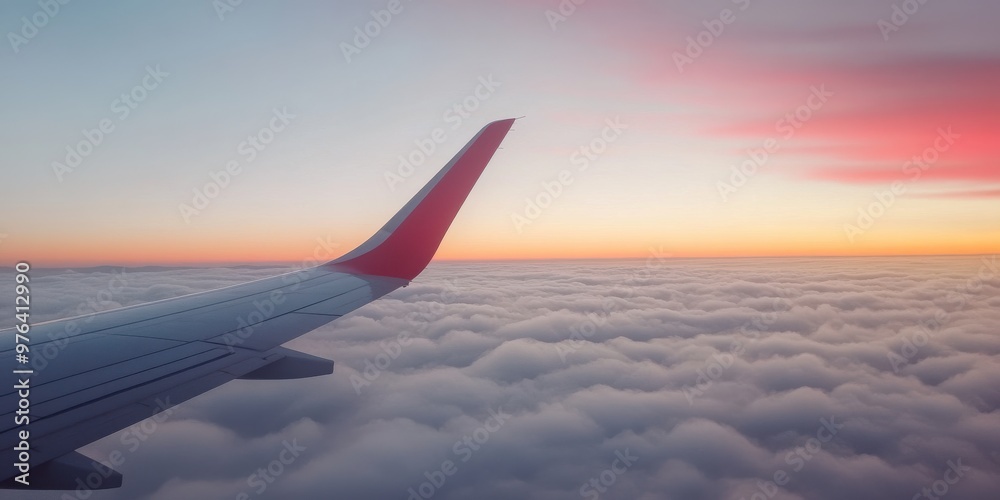 A stunning image capturing the view from an airplane, showcasing the wing over a serene sea of fluffy clouds, painted with the beautiful colors of sunrise in the background.