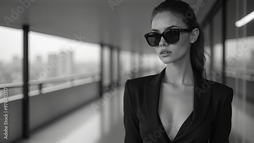 Sexy elegant black and white portrait of young beautiful woman, widescreen 16:9, 300 dpi, with free space for text