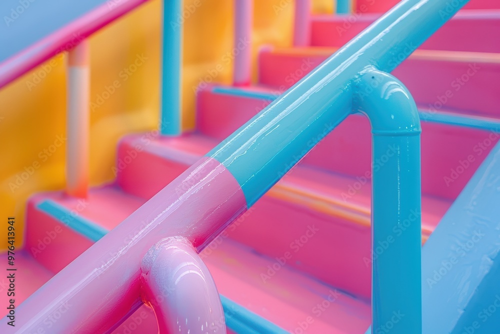Vibrant zigzag staircase with colorful railings inviting playful exploration Vibrant zigzag staircase with colorful railings inviting playful exploration