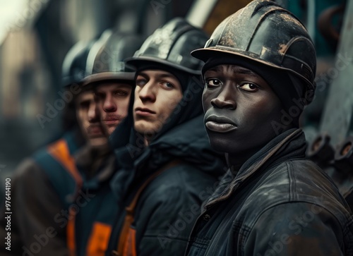 A group of industrial workers in safety gear standing together and looking serious suggesting readiness and determination.