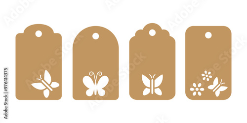 Set of gift or price tag stencils with butterfly. Vector templates for cutting. Craft paper or cardboard labels cut files