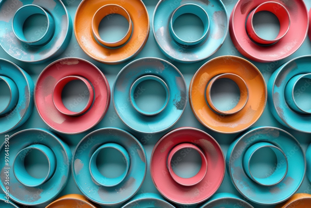 Colorful arrangement of metal spirals and rings creating a mesmerizing pattern Colorful arrangement of metal spirals and rings creating a mesmerizing pattern