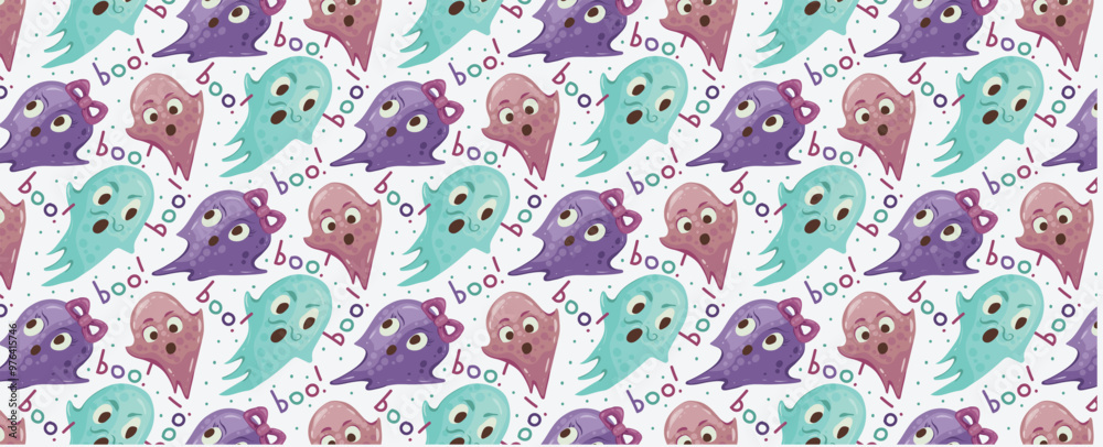 Pattern of flying ghosts and inscriptions boo. Halloween specters. Vector seamless festive background of funny spooks. For wallpapers, cards, invitations, festive design. Pattern of flying ghosts and inscriptions boo. Halloween specters. Vector seamless festive background of funny spooks. For wallpapers, cards, invitations, festive design.