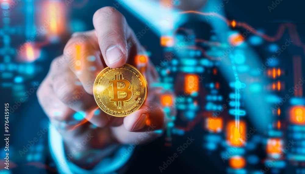 Bitcoin Cryptocurrency in Hand with Abstract Blue Background Bitcoin Cryptocurrency in Hand with Abstract Blue Background