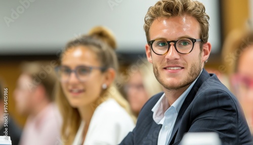 Confident Young Man in Glasses Smiling in a Business Meeting