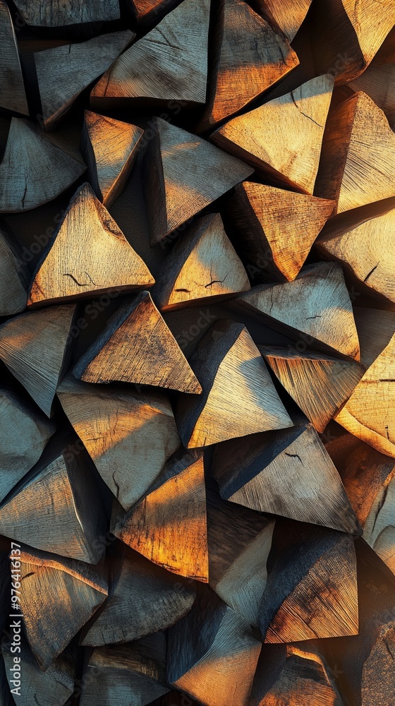 stack of triangular wooden logs with sunlight