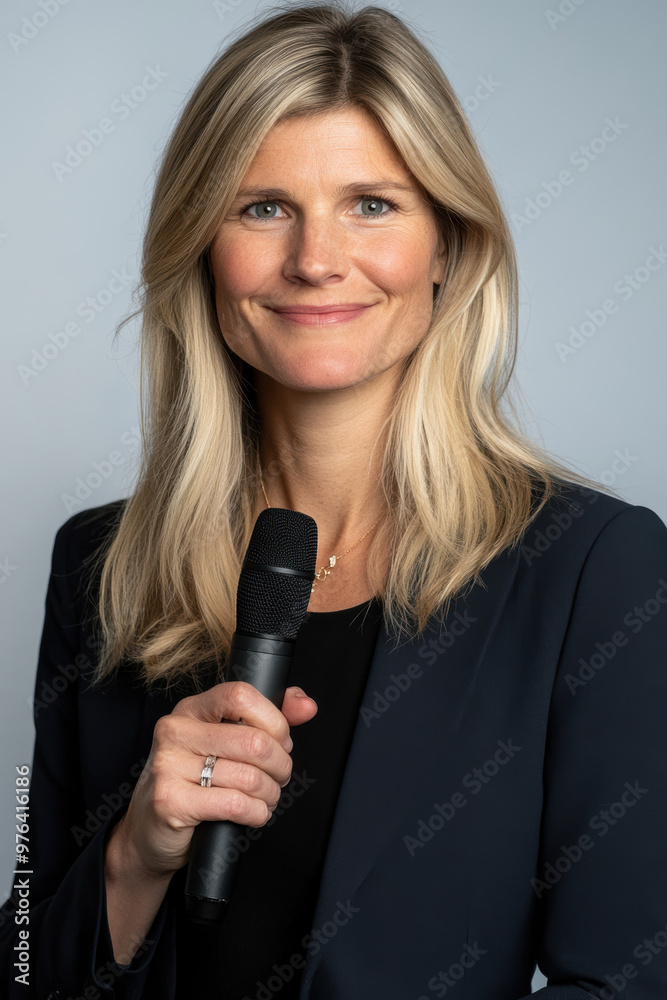 Smiling woman with blonde hair and a black suit holds a microphone, prepared for an interview or presentation. Smiling woman with blonde hair and a black suit holds a microphone, prepared for an interview or presentation.