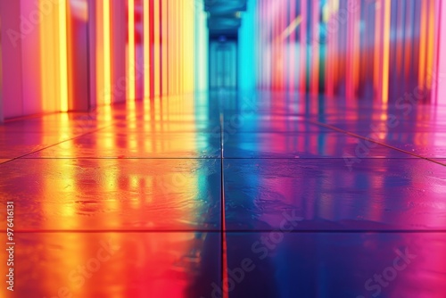 Vibrant reflections on a metal surface create a colorful abstract pathway indoors